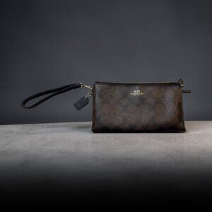 Coach Corner Zip Wristlet Brown and Black